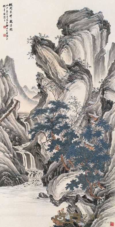 郑慕康 1944年作 观瀑图 立轴 136.5×69cm